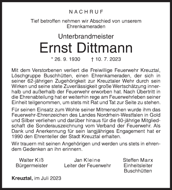 Traueranzeige von Ernst Dittmann von Siegener Zeitung