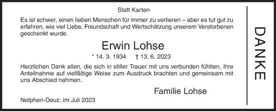 Traueranzeige von Erwin Lohse von Siegener Zeitung