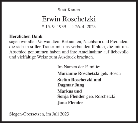 Traueranzeige von Erwin Roschetzki von Siegener Zeitung