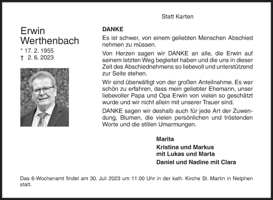 Traueranzeige von Erwin Werthenbach von Siegener Zeitung