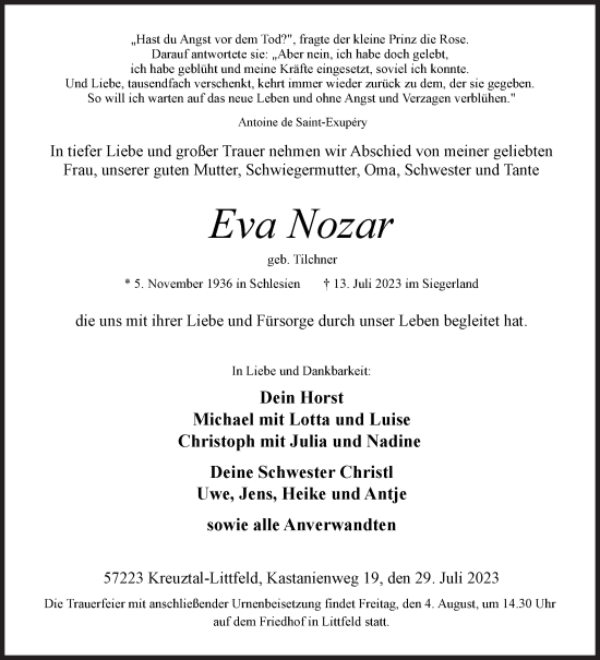 Traueranzeige von Eva Nozar von Siegener Zeitung