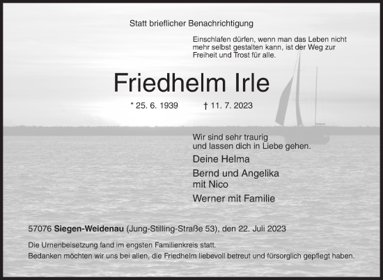 Traueranzeige von Friedhelm Irle von Siegener Zeitung