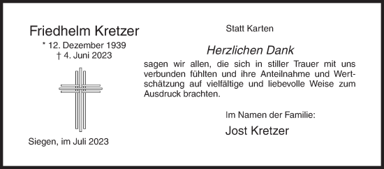 Traueranzeige von Friedhelm Kretzer von Siegener Zeitung
