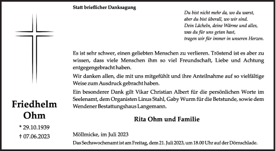 Traueranzeige von Friedhelm Ohm von Siegener Zeitung