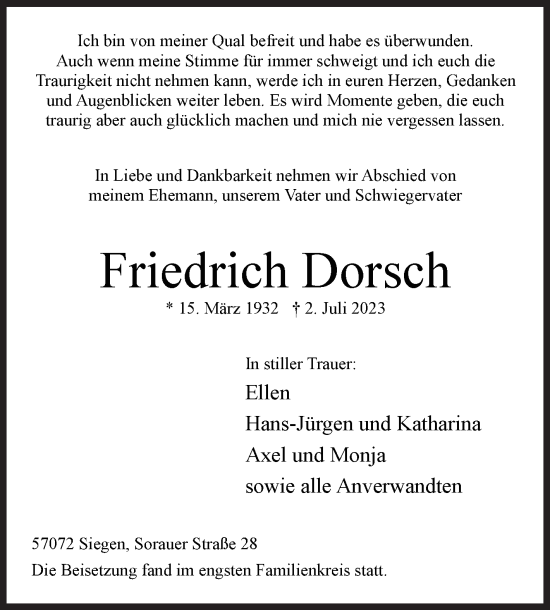 Traueranzeige von Friedrich Dorsch von Siegener Zeitung