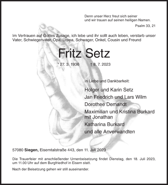 Traueranzeige von Fritz Setz von Siegener Zeitung