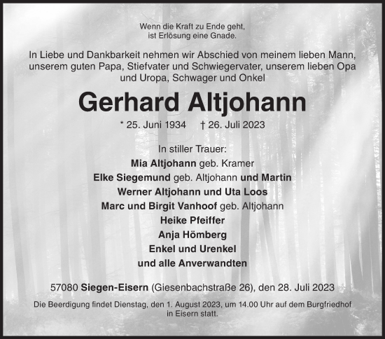 Traueranzeige von Gerhard Altjohann von Siegener Zeitung