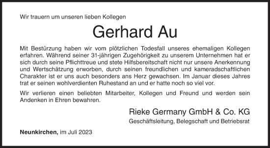 Traueranzeige von Gerhard Au von Siegener Zeitung