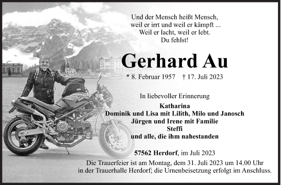 Traueranzeige von Gerhard Au von Siegener Zeitung