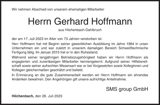 Traueranzeige von Gerhard Hoffmann von Siegener Zeitung