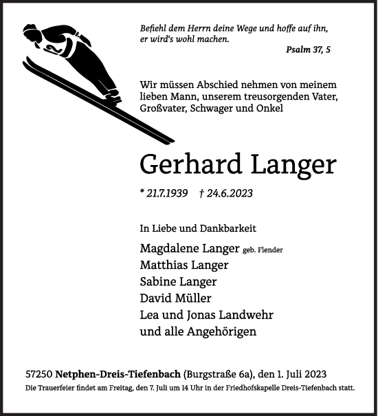 Traueranzeige von Gerhard Langer von Siegener Zeitung