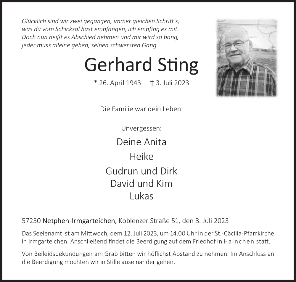  Traueranzeige für Gerhard Sting vom 08.07.2023 aus Siegener Zeitung