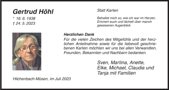Traueranzeige von Gertrud Höhl von Siegener Zeitung