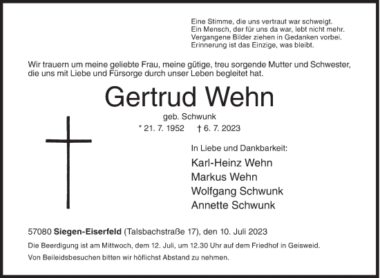 Traueranzeige von Gertrud Wehn von Siegener Zeitung