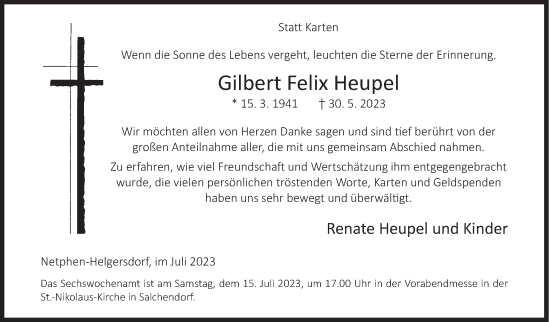 Traueranzeige von Gilbert Felix Heupel von Siegener Zeitung