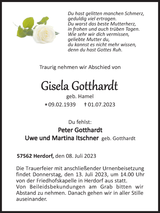 Traueranzeige von Gisela Gotthardt von Siegener Zeitung