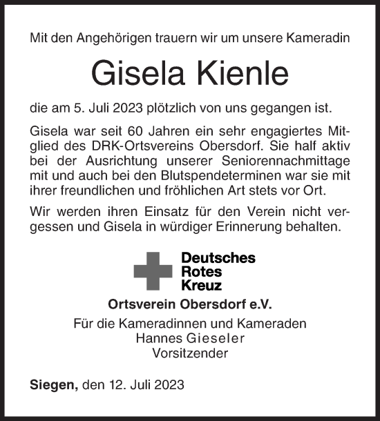 Traueranzeige von Gisela Kienle von Siegener Zeitung