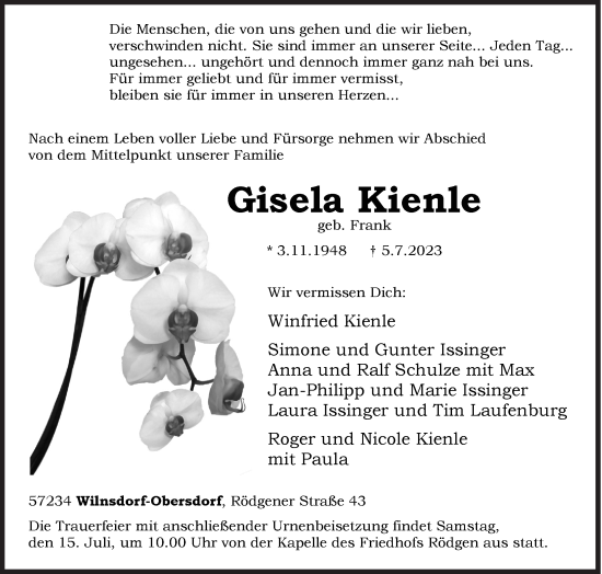 Traueranzeige von Gisela Kienle von Siegener Zeitung