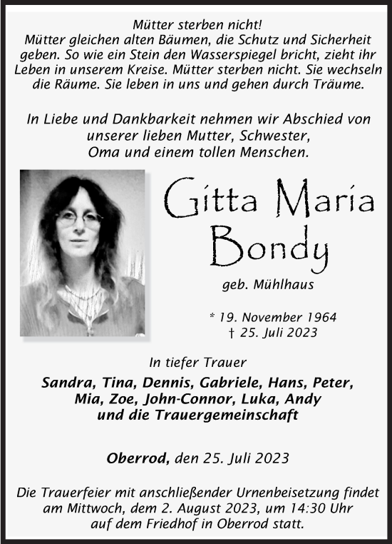Traueranzeige von Gitta Maria Bondy von Siegener Zeitung