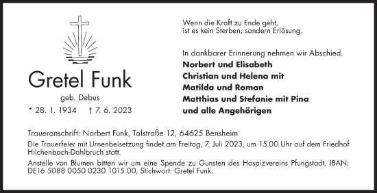 Traueranzeige von Gretel Funk von Siegener Zeitung