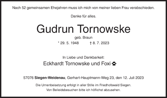 Traueranzeige von Gudrun Tornowske von Siegener Zeitung