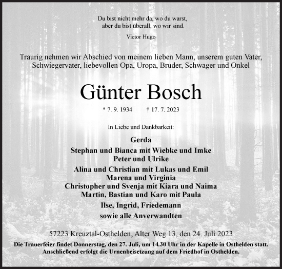 Traueranzeige von Günter Bosch von Siegener Zeitung