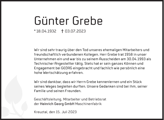 Traueranzeige von Günter Grebe von Siegener Zeitung