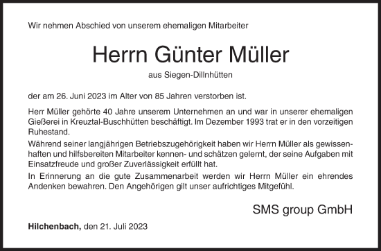 Traueranzeige von Günter Müller von Siegener Zeitung