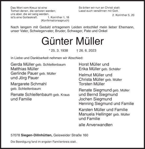 Traueranzeige von Günter Müller von Siegener Zeitung