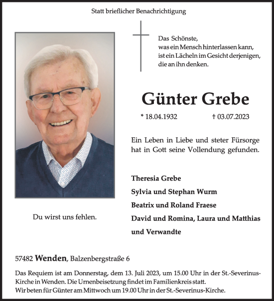 Traueranzeige von Günther Grebe von Siegener Zeitung