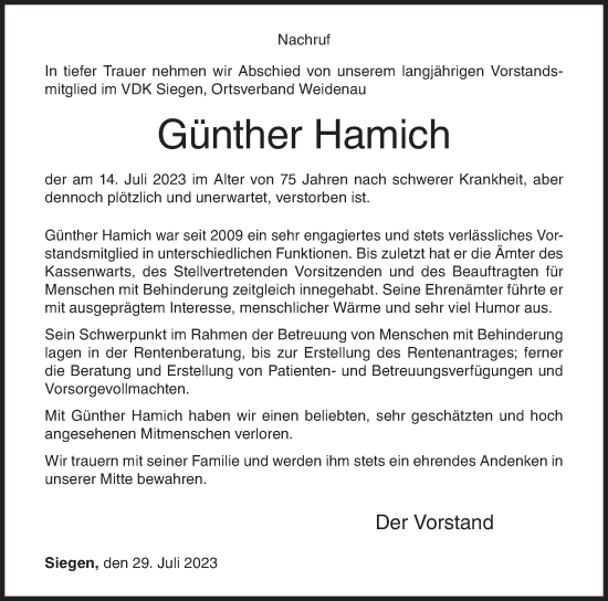 Traueranzeige von Günther Hamich von Siegener Zeitung