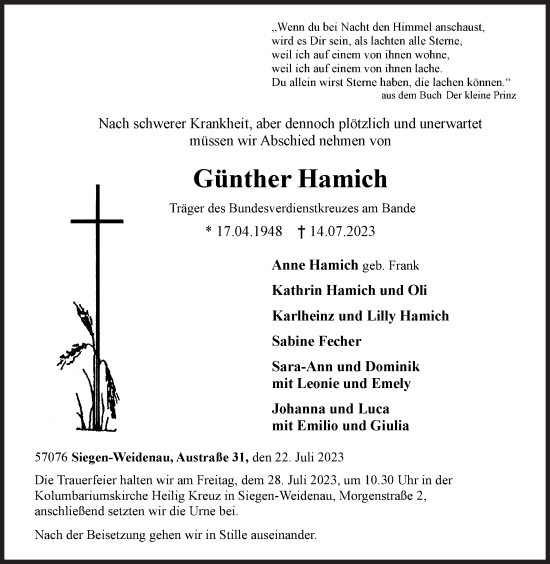 Traueranzeige von Günther Hamich von Siegener Zeitung