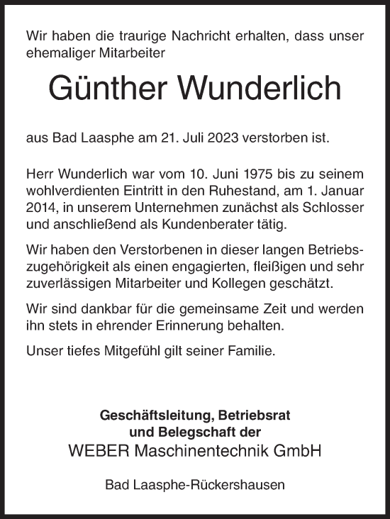 Traueranzeige von Günther Wunderlich von Siegener Zeitung