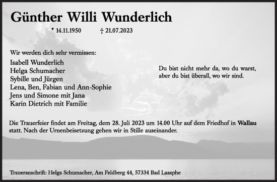 Traueranzeige von Günther Willi Wunderlich von Siegener Zeitung