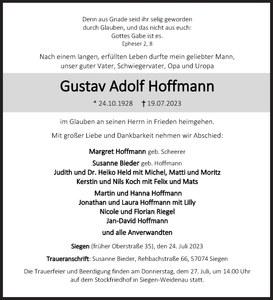 Traueranzeige von Gustav Hoffmann von Siegener Zeitung
