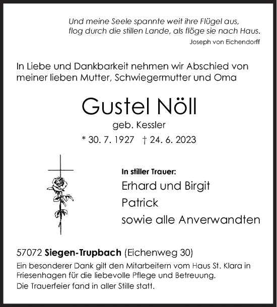Traueranzeige von Gustel Nöll von Siegener Zeitung