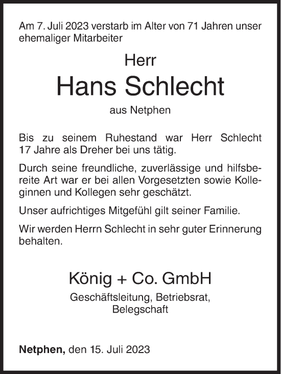 Traueranzeige von Hans Schlecht von Siegener Zeitung
