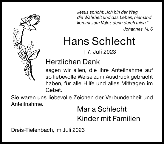 Traueranzeige von Hans Schlecht von Siegener Zeitung