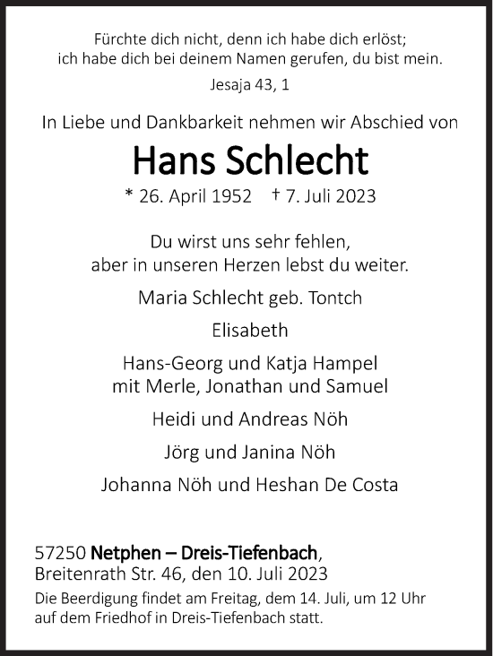 Traueranzeige von Hans Schlecht von Siegener Zeitung