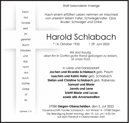 Traueranzeige von Harold Schlabach von Siegener Zeitung