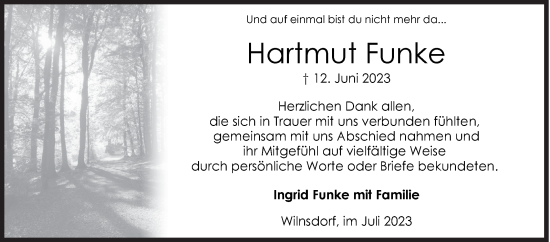 Traueranzeige von Hartmut Funke von Siegener Zeitung