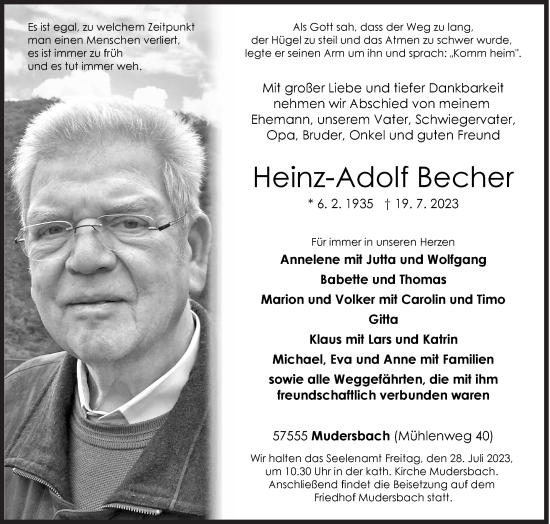 Traueranzeige von Heinz-Adolf Becher von Siegener Zeitung