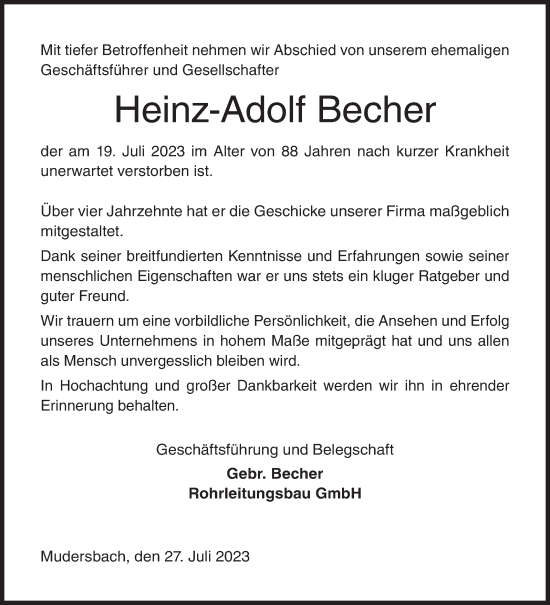 Traueranzeige von Heinz-Adolf Becher von Siegener Zeitung