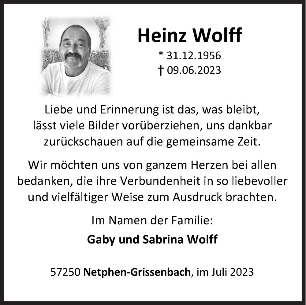 Traueranzeige für Heinz Wolff vom 21.07.2023 aus Siegener Zeitung