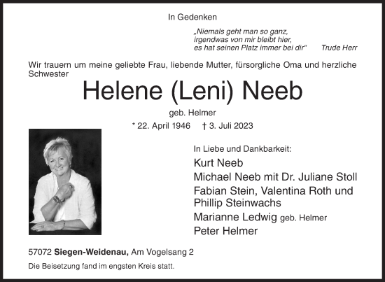 Traueranzeige von Helene  Neeb von Siegener Zeitung
