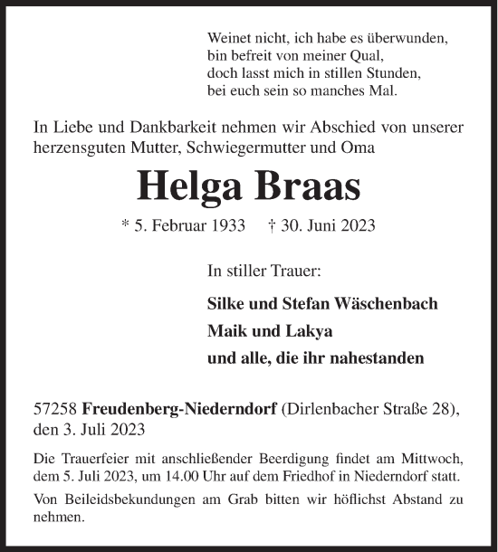 Traueranzeige von Helga Braas von Siegener Zeitung