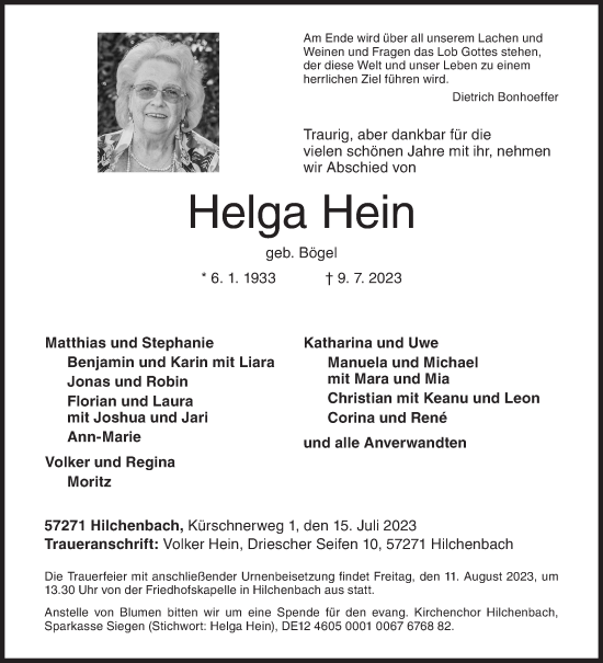 Traueranzeige von Helga Hein von Siegener Zeitung