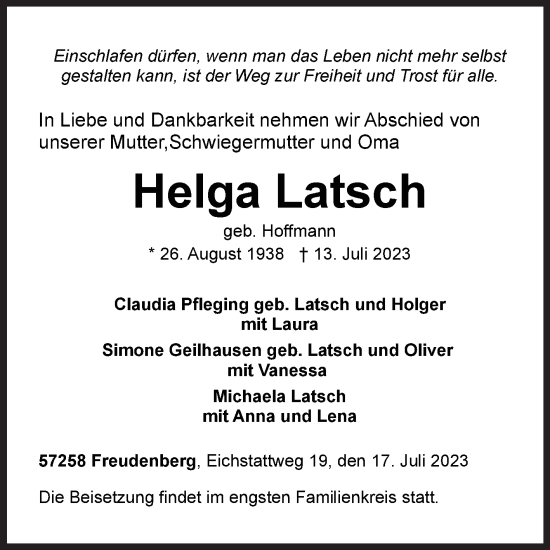 Traueranzeige von Helga Latsch von Siegener Zeitung