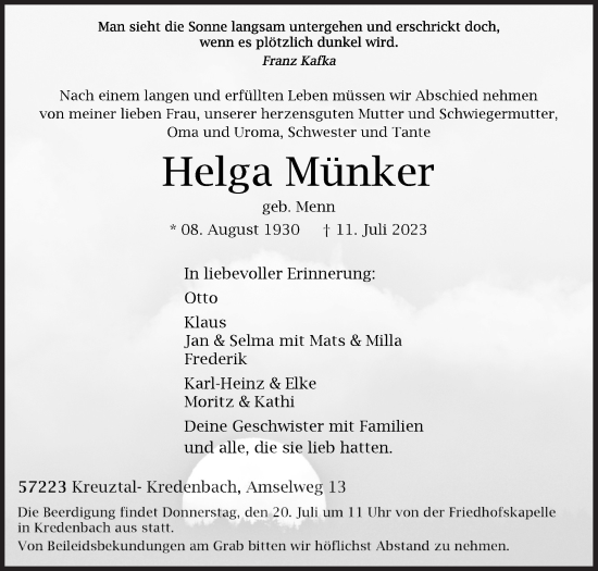 Traueranzeige von Helga Münker von Siegener Zeitung