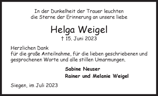 Traueranzeige von Helga Weigel von Siegener Zeitung